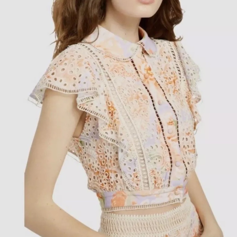 ALICE +‎ OLIVIA Cavan Top Women's Size 6 Embroidered Eyelet Cropped Pink Garden